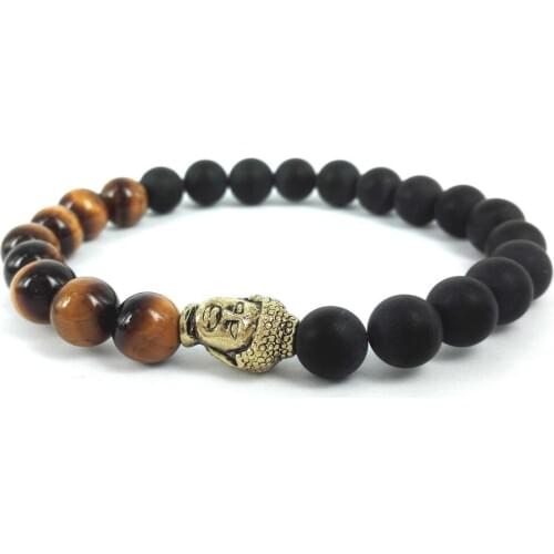 Retail 8mm Natural Black Matte Beads Bracelet,Yellow Tiger Eyes Stone with Gold Buddha Bracelets for Men and Women Jewelry