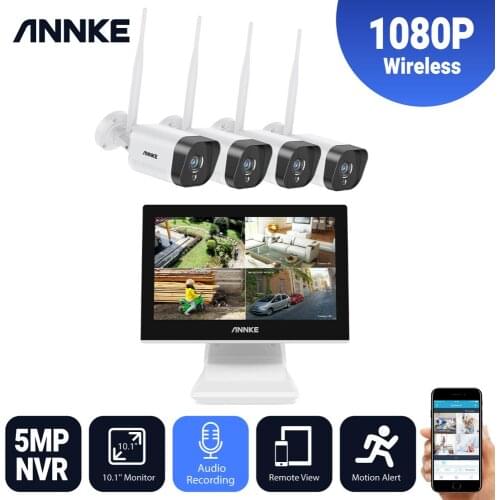 ANNKE 4CH FHD 1080P Wireless Video Security System 10.1 inch LCD Screen 5MP NVR 4PCS IP Cameras Audio Recording Surveillance Kit