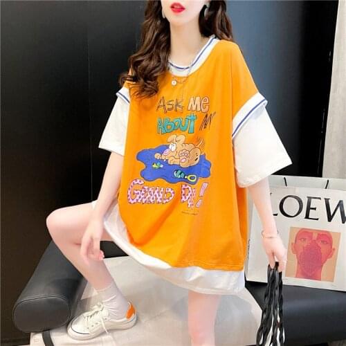 Women Loose Short Sleeve T-shirt Fashion False Two White Orange Patchwork Top Casual Long Plus Size Letter Animal Print Girl Tee
