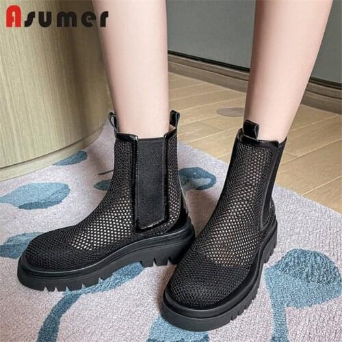 Asumer 2021 Newest Ankle Boots Women Round Toe Mesh Summer Boots Comfortable Punk Platform Chelsea Boots Woman Black