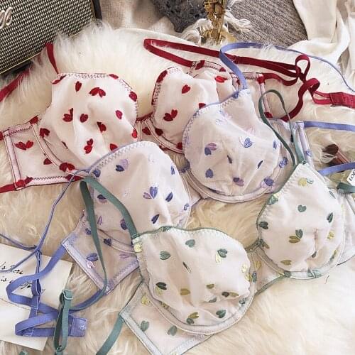 Women Underwear Sets love embroidery Transparent Lace Bra and Panty Set Bralette hollow out Ultrathin Bra Briefs Lingerie suits