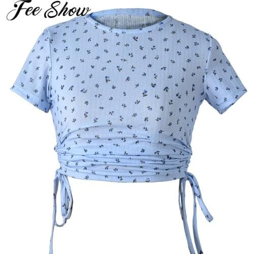 Women Summer Floral Printed Yoga Shirts Top Short Sleeve Side Drawstring Stretchy Crochet Crop Tops T-shirt Breathable Sport Top