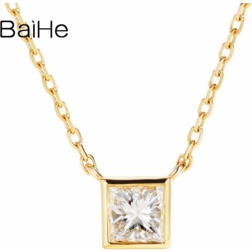 BAIHE Solid 18K Yellow Gold 0.30CT H/SI Princess Natural Diamond Engagement Gift Women Trendy Jewelry Princess Diamond Necklaces