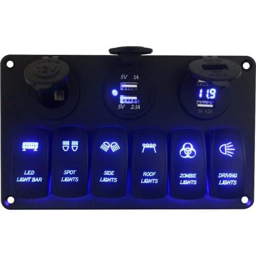 2017 Aluminum RV Car Boat LED 6 Gang Rocker Switch Panel + USB Power Voltmeter