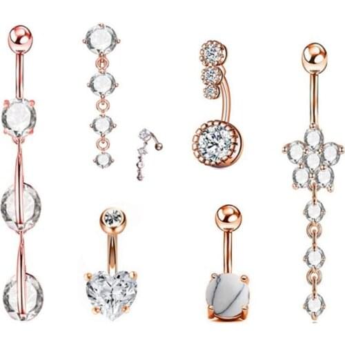 6PCS/Set Surgical Steel Flower Dangle Navel Rings Crystal Heart Navel Bar Women Belly Button Ring Navel Piercing Fashion Jewelry