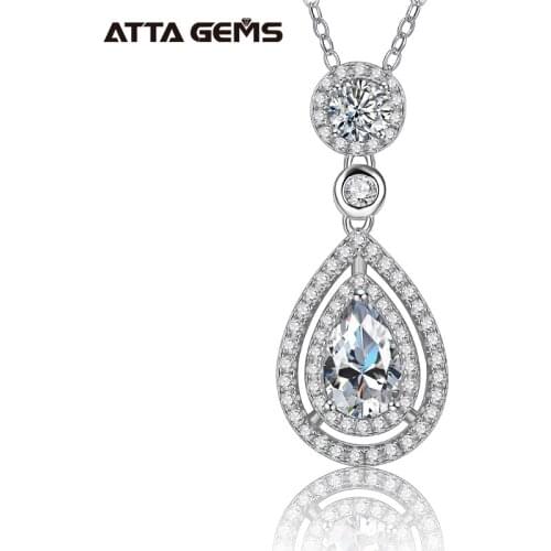 ATTAGEMS 925 Silver Necklace Chain Pear Cut 1.5ct D Color Pass Diamond Test Solitaire Pendant Necklace Women Jewelry