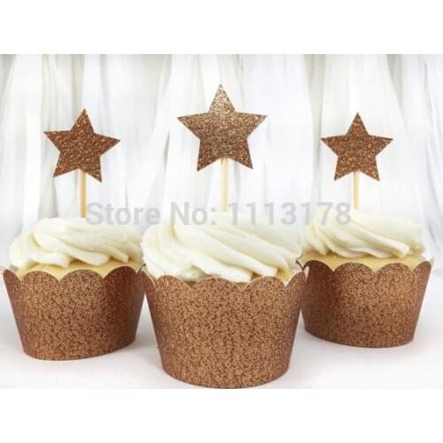 Cheap cupcake wrapper Laser-Cut Cupcake Wrappers Birthday Party holders with star Glitter Cupcake Toppers Supplies