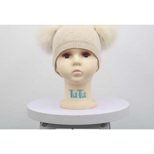 Winter Childrens Smooth Wool Hat Solid Color Outdoor Cap Double Fox Ball Baby Insert Cap