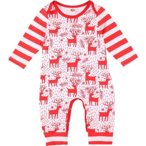 2020 Newborn Baby’s Christmas Themed Jumpsuit Toddler Boy Girl Reindeer Print O-neck Stripe Long Sleeve Long Pants Romper 0-12m