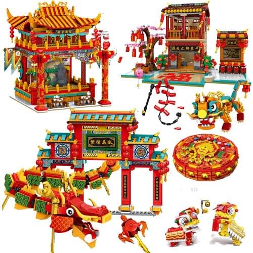 Chinese New Year Architecture Building Blocks Lion Dance Figures Home Decoration Collection Bricks Set Toys for Children Gifts