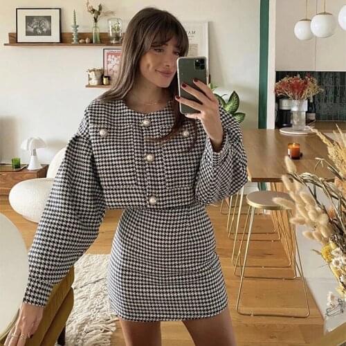 Foridol Padded Houndstooth Thick Tweed Knitted Dress Sets Short Coat Skirt Pearl Button White Black Batwing Sleeve Dress Sets