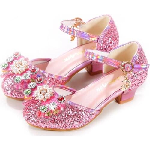 Girls' Leather Shoes 2021 New Toes-capped Princess Shoes Single Shoes Soft Sole High Heels Crystal for Party Sequined Sweet Hot