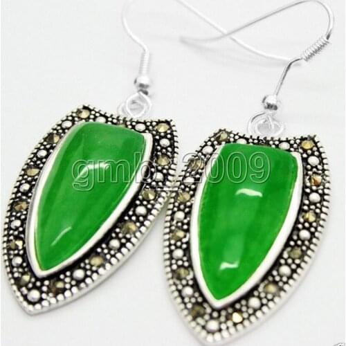 Hot Sell 925 Sterling Silver Natural Green jade Quartzite stone Marcasite Dangle Drop Earrings