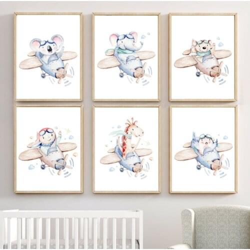 Cartoon Raccoon Elephant Bear Giraffe Pilot Wall Art Canvas Painting Nordic Posters And Prints Wall Pictures Kids Room Decor