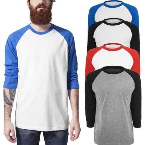 Mens 3/4 Sleeve Raglan Baseball Soft Cotton Blend Casual T Shirt O-Neck Tee Patchwork Colour Block Jersey Tops