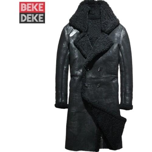 Winter Men Double Breasted Natural Shearling Overcoat Thick Real Wool Lining Sheepskin Genuine Leather Jacket Long Military Coat