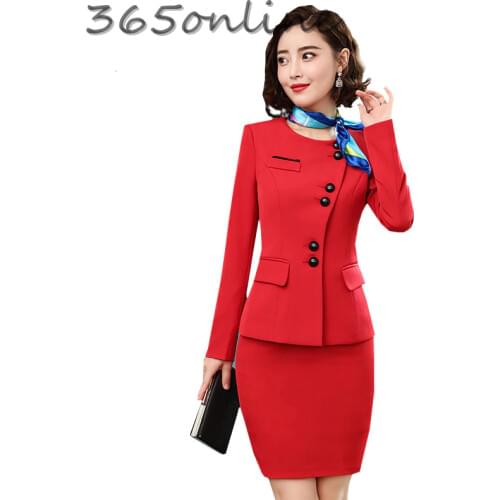 Novelty Red Formal Women Business Suits with Skirt and Jackets Coat Professional Office Ladies Blazers OL Styles with Scarf