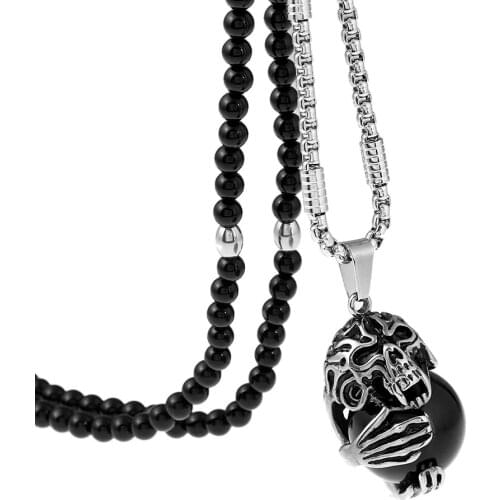 Black Ball Human Skeleton Skull Stainless Steel Pendant Necklace with Black Natural Stone Chain Necklace26"