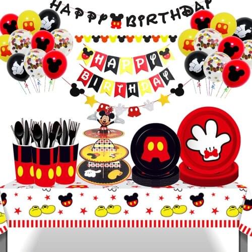 Happy Birthday Mickey Mouse Party Holiday Banner Party Disposable Plate cup Cake Toppers For Kids Favor Flag Decoration Gifts