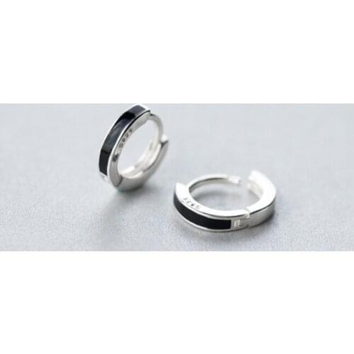 Small Diameter 8MM Black /White enamel Hoop Huggie earrings 100% Real. Sterling Silver 925 Fine Jewelry gtle1859