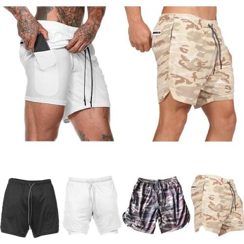 2 in 1 Men Running Shorts Built In Base Layer Short Pants Pocket Camo M