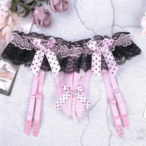 Women Lingerie Sexy Exotic Crotchless Low Rise Panties Open Butt Ruffle Lace Polka Dots Bowknot G-string Underwear with Garters
