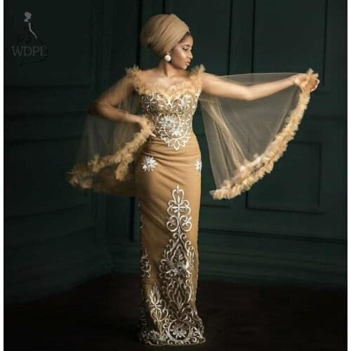 Gorgeous Aso Ebi Style Evening Dresses Long Lace Appliqued Champagne Prom Dress robe de soirée de mariage vestidos de fiesta