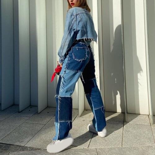 Spring Long Pants Color Jeans Women Wide Leg Pants Casual High Waist Patch Stitching Streetwear Botton Plus Size Women Pants