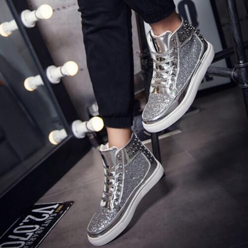 2019 new woman High Top Sneakers Sequins Rivet Glitter Lace-Up woman Shoes Outdoor Skateboard Shiny Flat Sneakers lady K6-65