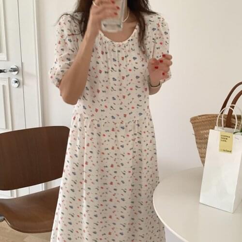 2021 New Women Summer Long Loose Floral Dress White Round Collar Half Sleeve Straight Pullover Maxi Sundress
