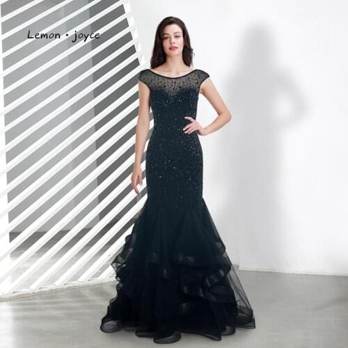Lemon joyce Black Formal Evening Dresses Long Sexy See-through Backless Beading Mermaid Party Gowns Plus Size