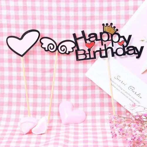 3pcs Happy Birthday Cake Topper Wing Heart Birthday Cake Topper For Kids Birthday Party Cake Decorations Baby Shower