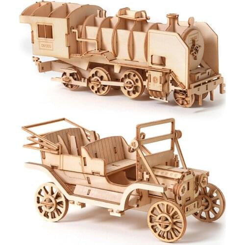3D Wooden Car Puzzle Model DIY Aircraft Handmade Children Kid Sailboat Adult Assembly Toys Desk Decor Sailing Ship Biplane Train