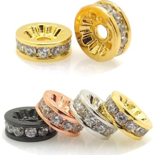 8MM Flat Side Brass Micro Pave Crystal Cubic Zirconia Rondelle Spacer Beads Mixed Color 10Pcs Free Shipping Wholesale