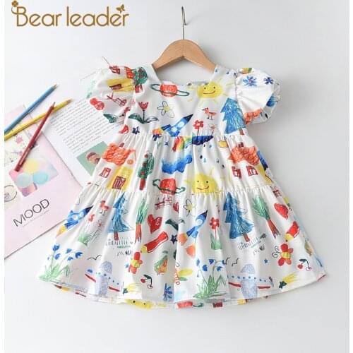 Bear Leader Girls Cartoon Print Dress New Summer Kids Casual Princess Outfits Children Bowtie Clothing Baby Casual Costumes 3-7Y