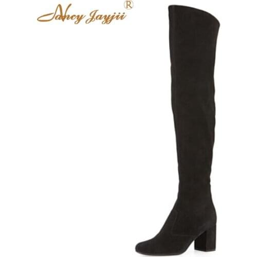 Black Soft Suede Winter Casual Career Round Toe High Heels The Knee High Boots Zapatos Mujer Shoes For Woman Plus Size 4-16