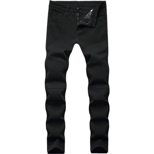 Men Stylish Pleated Jeans Pants Biker Skinny Slim Straight Frayed Denim Trousers New Fashion skinny Elastic zipper jeans
