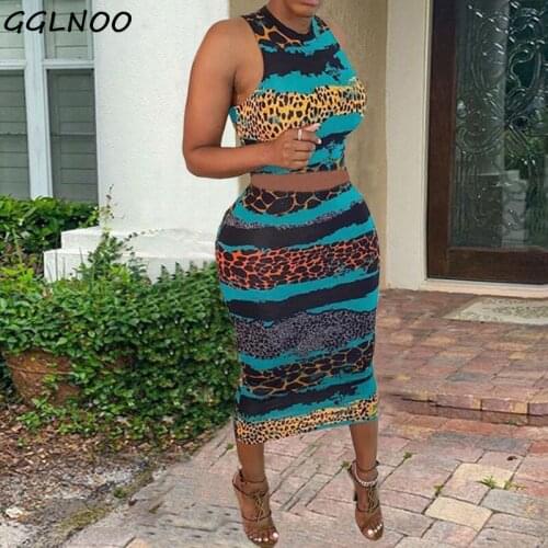GGLNOO Plus Size Women Summer Leopard Print Tank Top Bodycon Midi Skirts Tracksuit Outfit Fashion Two Piece Set Matching Set