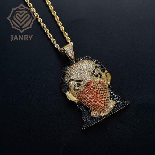 JANRY Masked Girl Head Pendant Necklace Hip Hop Zircon Gold Color Necklace With 60cm Stainless Steel Rope Chain For Women Men