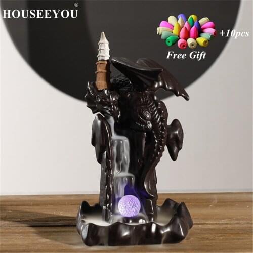 Dragon Backflow Incense Burner with LED Glowing Ball Black Ceramic Aroma Smoke Encens Joss Censer Home Tea Buddhist Decoration