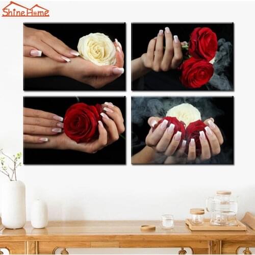 ShineHome-4 Pieces Modular Wall Painting Canvas Prints Yoga Spa Salon Nail Body Massage Art Printed Hands Roses Black Picture