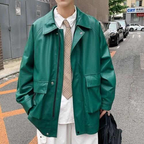 PR 2021 Large Pocket Leather Jacket Autumn Hong Kong Style Mens Jacket Streetwear Hip Hop Mens Coats Male Casual Loose