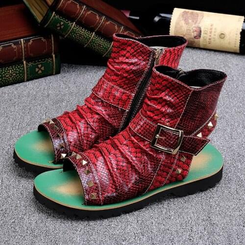 Mens summer leather sandals casual Roman sandal shoes open-toe personality rivets cool boots sandal shoes for male