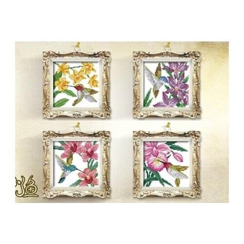 2017 Newest High Quality 14 Counted Cross Stitch Kits, Flowers Orchids & Hummingbird Embrpidery 4 pieces/set White Pattern Cloth