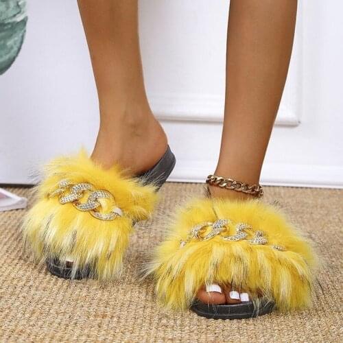 2021 New Women Slippers Furry Slides for Women Fluffy Metal Button Flip-flops Woman Casual Big Size Shoes Women EUR36-43 A061