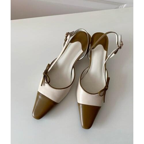 Osunlina Genuine Leather Woman Pumps Square Toe High Thin Heels Butterfly Knot Buckle Strap Footwear Elegant Lady Shoes 2021 New