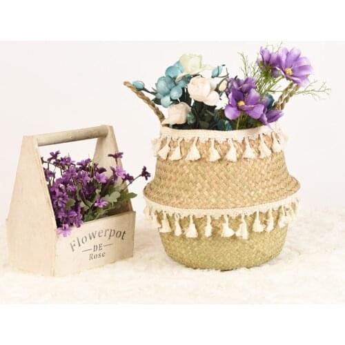 Seagrass Woven Storage Basket Plant Wicker Hanging Baskets Garden Flower Vase Potted Foldable Pot with Handle Storage Basket