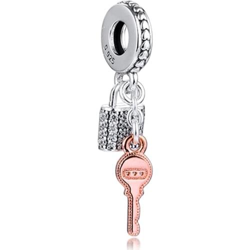 QANDOCCI Genuine 925 Sterling Silver Pave Padlock and Key Dangle Charm Beads Fits Pandora Bracelet Fashion Jewelry Newest Gift