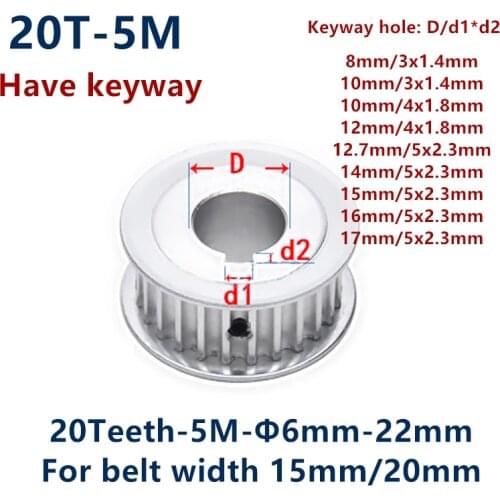 20 Teeth HTD 5M Synchronous Timing Pulley Keyway Bore 8mm-keyway 3x1.4mm for Width 15/20mm HTD5M 20T 20Teeth