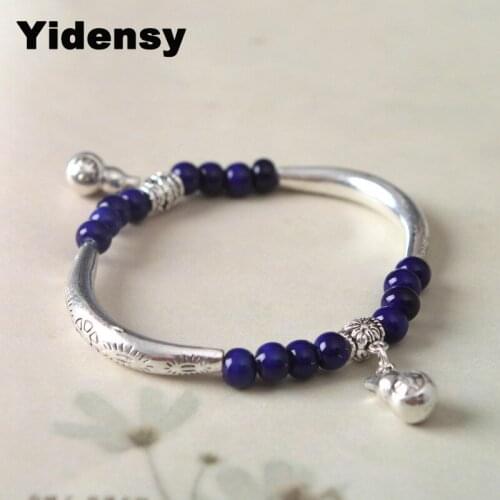 Yidensy Vintage Ceramic Beads Bracelet Blue Pink Red Green Metal Tube Beads Strand Bangle Bracelets for Women Female Jewelry
